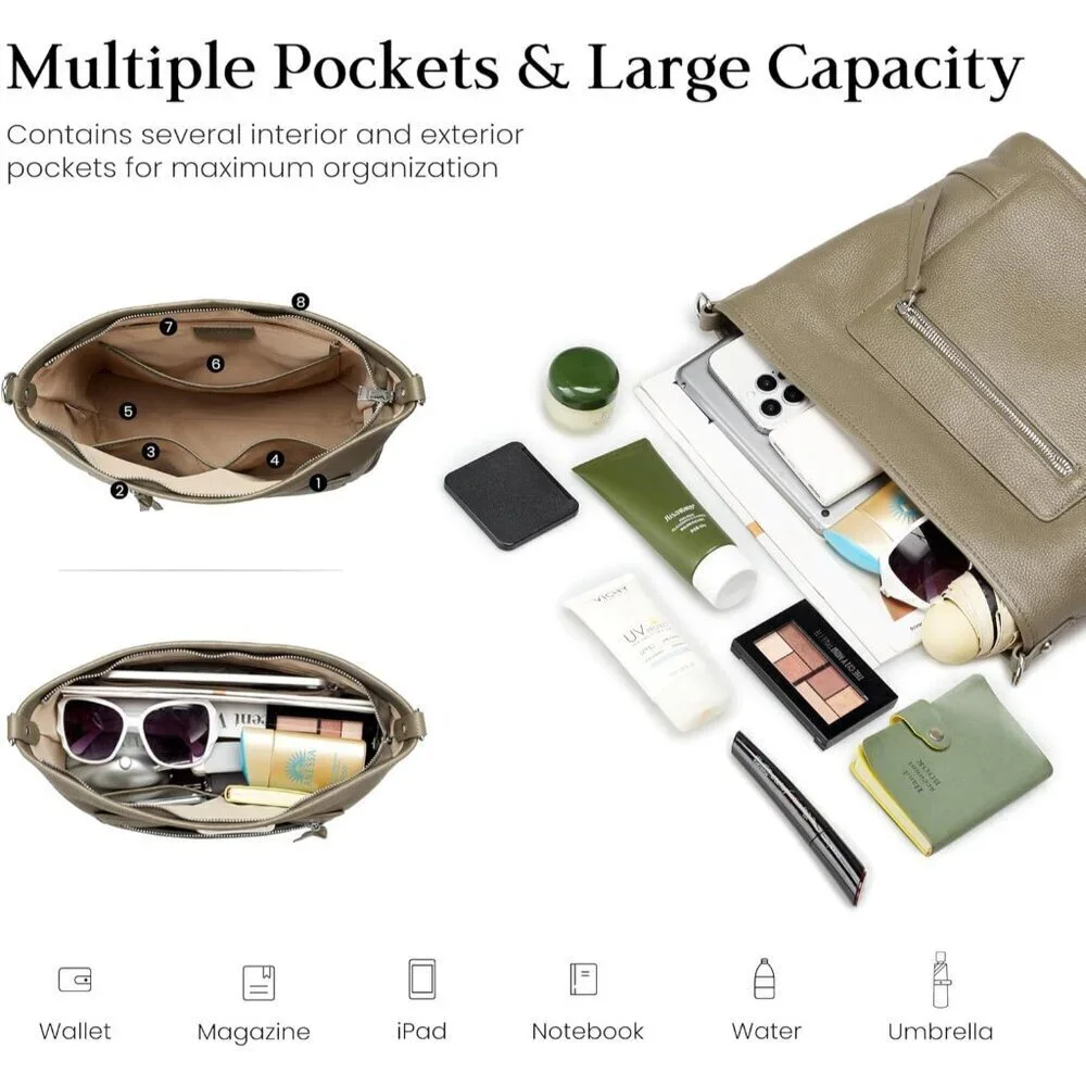 Genuine Leather Hobo Bag Large Multi-Pocket Shoulder Crossbody Zipper